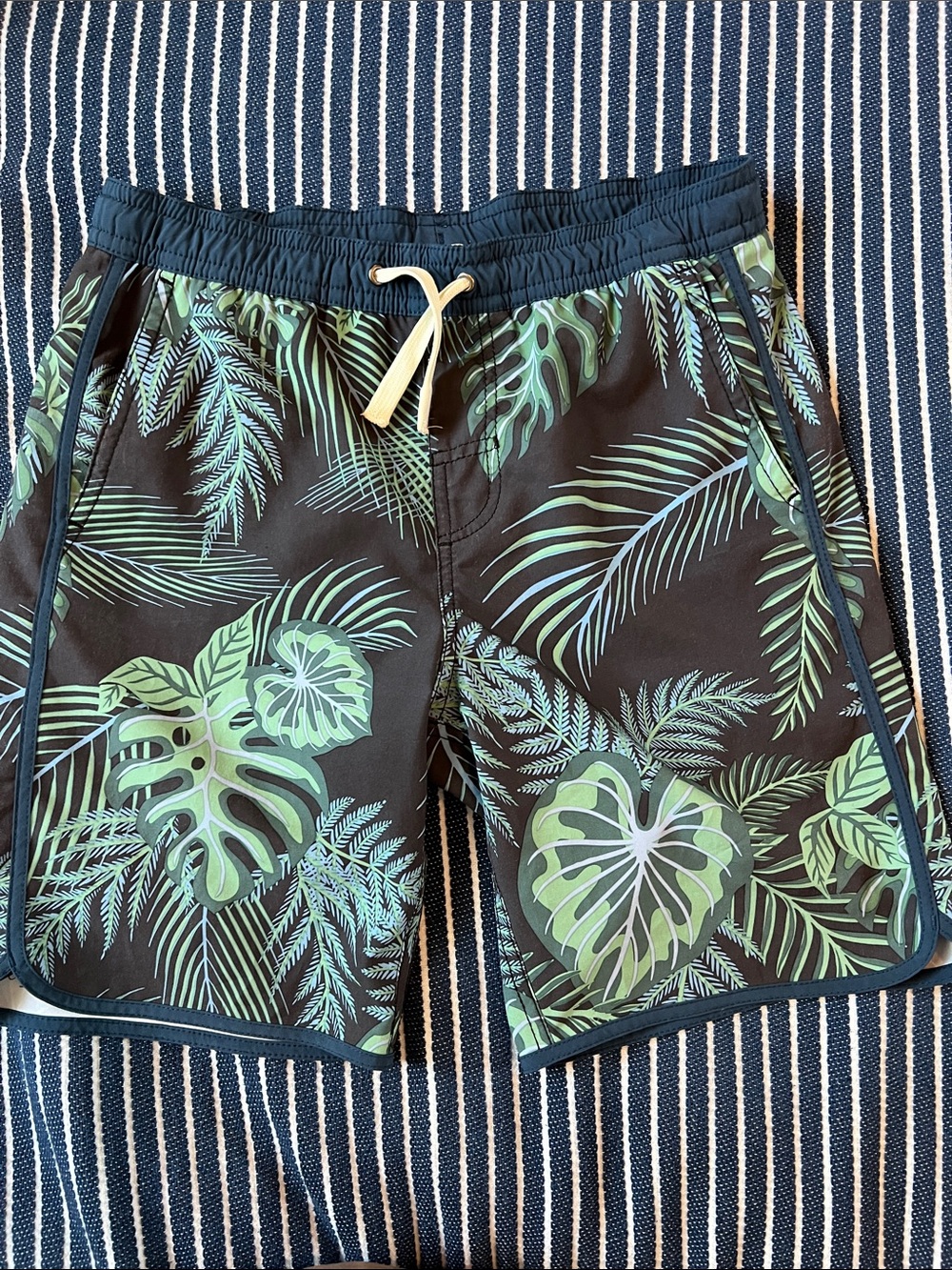 Fair Harbor Black Swim Trunks with Green Tropical Leaf Pattern